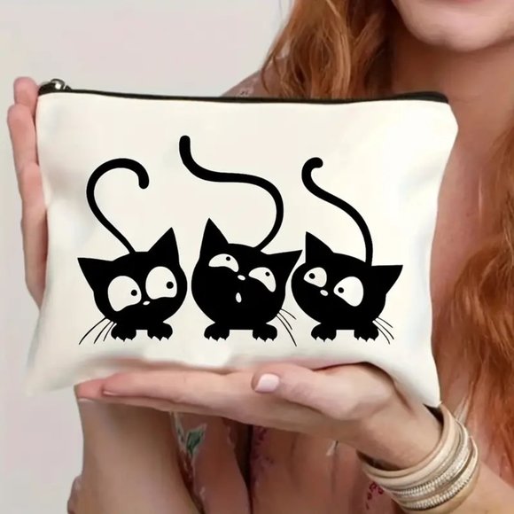 Cosmetic Bag Cats Makeup Clutch Pouch Travel Kitty Canvas Black Funny Cute NEW - Picture 1 of 3